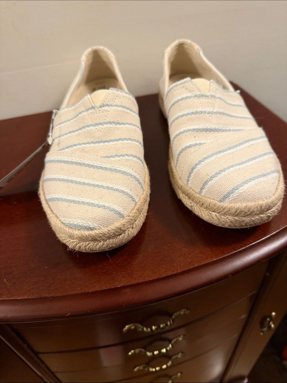 Toms Natural Canvas Espadrilles with Light Blue Stripes
